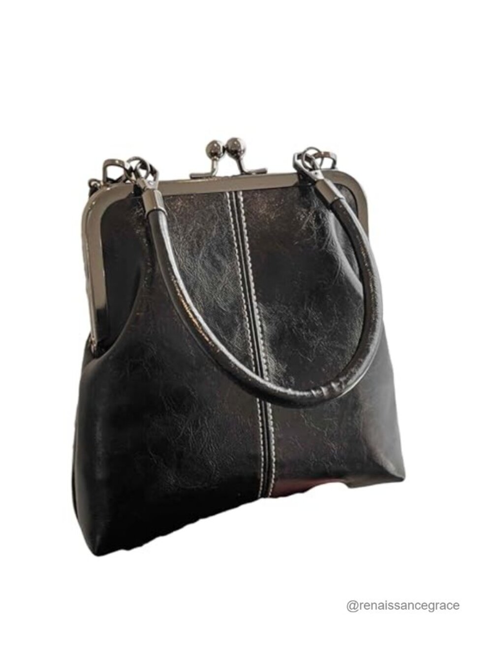Small Faux Leather Kiss Lock Crossbody Purse with Pockets & Adjustable Strap